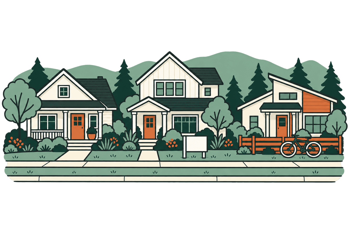 A quiet street of three homes in Northern Colorado with mountains on the horizon