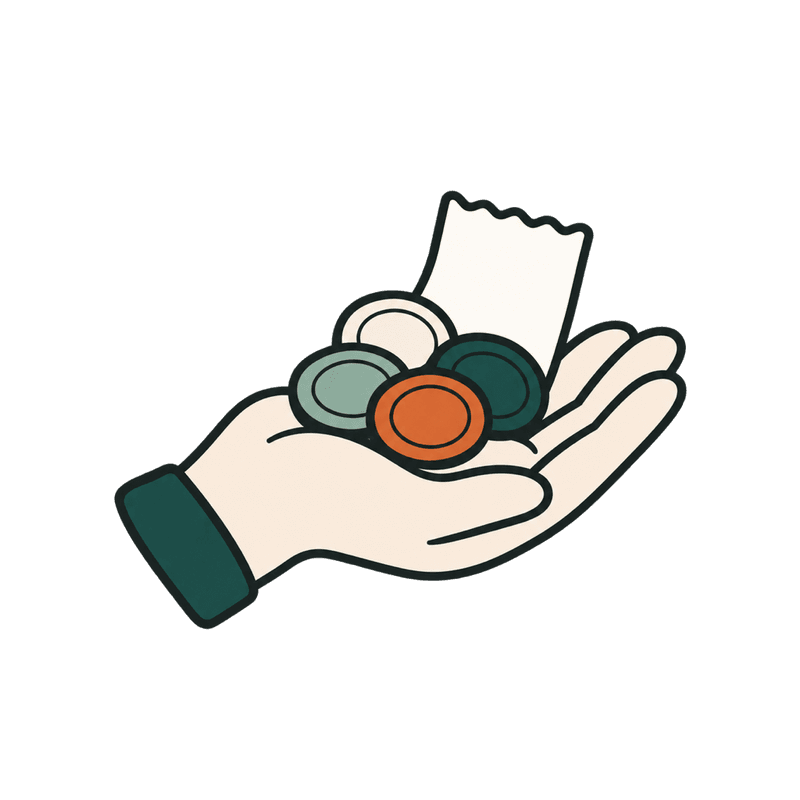 An open hand holding a few coins and a small receipt