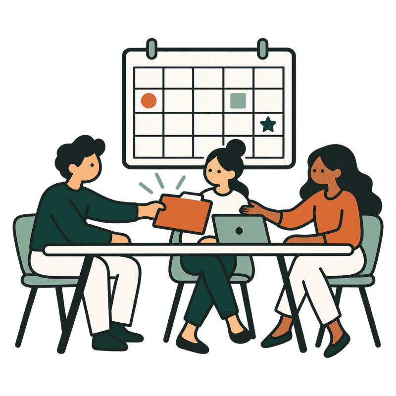 Three teammates at a shared table with one laptop and a wall calendar