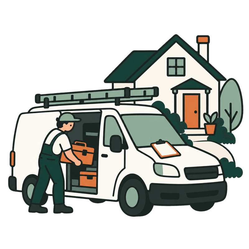A service van with a ladder parked in front of a house while a vendor loads a toolbox